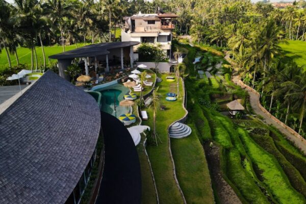 a luxury villa in bali surrounded by rice paddies.