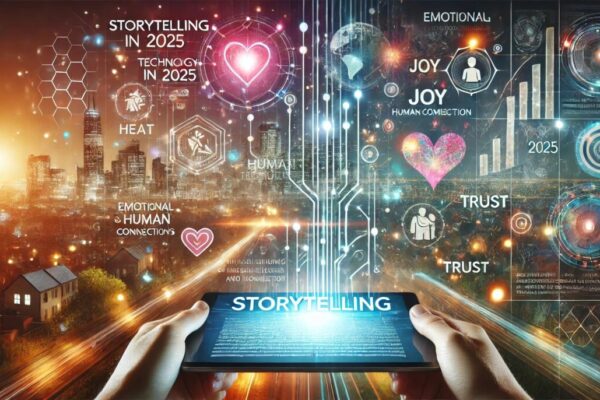 Cover image for an article about storytelling in 2025, featuring a futuristic cityscape, a digital tablet displaying a narrative, and holographic visuals representing emotions like joy and trust.